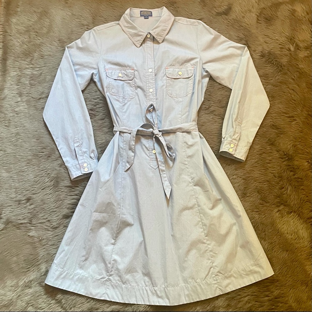 NWOT Pendleton Midi Dress Shirt Button Tie Waist Blue Contrasting Stitch 10 M